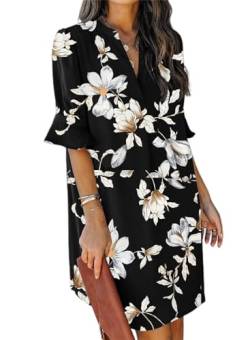 JOCAFIYE Damen schwarzes Kleid mit weißen Blumen Freizeitkleider für Damen Rüschenärmel V-Ausschnitt Straight Fit Kleid Schwarz Blume M von JOCAFIYE