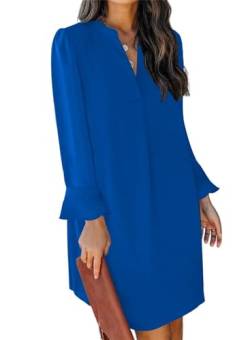 JOCAFIYE Frauen Kerbsche V-Ausschnitt Volant Langarm Casual Kurze Tunika Kleid Royal Blue L von JOCAFIYE
