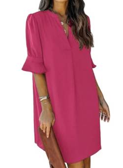 JOCAFIYE Frauen V-Ausschnitt Rüschen Hemdkleid Einfarbige Casual Sommer Kurzes Einfarbig Kleid Rose XXL von JOCAFIYE