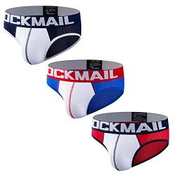 JOCKMAIL 3 Stück/Pack Herren Slips Schwacher Anstieg Herren Unterwäsche Slip Herren Bikini Slip Höschen für Männer (L, Blau+Dunkelblau+Rot) von JOCKMAIL