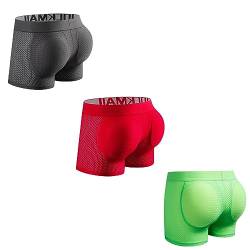 JOCKMAIL 3er-Pack gepolsterte Herren-Boxershorts zur Verbesserung des Gesäßes mit Schwamm-Polsterung, Grün+Grau+Rot, M von JOCKMAIL