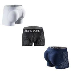 JOCKMAIL 3er-Pack gepolsterte Herren-Boxershorts zur Verbesserung des Gesäßes mit Schwamm-Polsterung, Schwarz+Marine+Weiß, XXL von JOCKMAIL