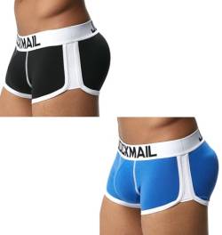 JOCKMAIL Gepolsterte Herren-Unterwäsche, Po-Lifter, Boxershorts mit verbesserter Polsterung, Herren-Boxershorts aus Baumwolle, 2 Stück, schwarz/blau, XL von JOCKMAIL