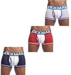 JOCKMAIL Herren Mesh Boxer Brief Unterwäsche Herren Sport Performance Trunks Short Leg Boxer Briefs, Weiß+Rot+Dunkelblau, Large von JOCKMAIL