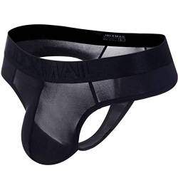 JOCKMAIL Sexy Seide Herren Bikini komfortabel Herren Strings G-String Suspensorium Slips für Männer Lace Strings (L, Schwarz) von JOCKMAIL