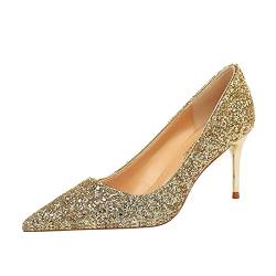 JOEupin Damen Pailletten Mid Heel Hochzeit Pumps Spitz Zehe Glitzer Brautschuhe, gold, 37.5 EU von JOEupin