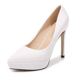 JOEupin Damen Plateau Stiletto High Heel Pumps Close Pointed Toe Slip-on Schuhe Hochzeit Büro Party Kleid Klassisch 11,9 cm, Weiß, 45.5 EU von JOEupin