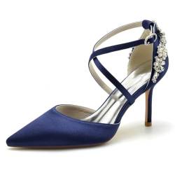 JOEupin Damen Satin Hochzeit Pumps für Braut Strass Strappy Cross Strap Braut Pumps Abend Prom Party Schuhe, Marineblau, 39 EU von JOEupin