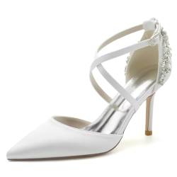 JOEupin Damen Satin Hochzeit Pumps für Braut Strass Strappy Cross Strap Braut Pumps Abend Prom Party Schuhe, Weiss/opulenter Garten, 37.5 EU von JOEupin