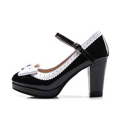 JOEupin Damen Süße Lolita Cosplay Schuhe Schleife Mid Chunky Heel Mary Jane Pumps, Schwarz (schwarz), 34 EU von JOEupin