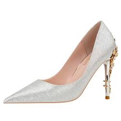 JOEupin High Heels Damen Pumps mit spitzem Zehenbereich, Satin-Pumps, Stiletto, Brautpartykleid, Abendkleid, Hochzeitsschuhe für Damen, Silber 2, 37 EU von JOEupin