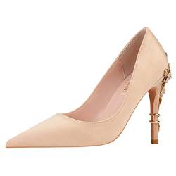 JOEupin High Heels Damen Spitze Zehen Heels Satin Pumps Stiletto Braut Party Kleid Abend Hochzeit Schuhe für Frau, Hautfarben - Nude Suede, 38 EU von JOEupin