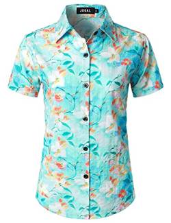 JOGAL Damen Casual Kurzarm Hawaiihemd Blumenmuster Strand Hawaiibluse Himmel Blau Groß von JOGAL