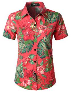 JOGAL Damen Casual Kurzarm Hawaiihemd Blumenmuster Strand Hawaiibluse Koralle Rot X-Small von JOGAL