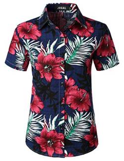 JOGAL Damen Casual Kurzarm Hawaiihemd Blumenmuster Strand Hawaiibluse Marineblau Groß von JOGAL