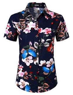 JOGAL Damen Casual Kurzarm Hawaiihemd Blumenmuster Strand Hawaiibluse Marineblau Schmetterling XX-Large von JOGAL