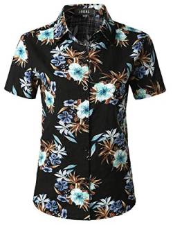 JOGAL Damen Casual Kurzarm Hawaiihemd Blumenmuster Strand Hawaiibluse Schwarz Floral X-Large von JOGAL