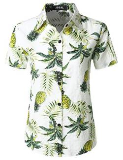 JOGAL Damen Casual Kurzarm Hawaiihemd Blumenmuster Strand Hawaiibluse Weiße Ananas X-Large von JOGAL