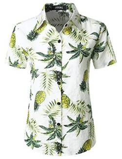 JOGAL Damen Casual Kurzarm Hawaiihemd Blumenmuster Strand Hawaiibluse Weiße Ananas XX-Large von JOGAL