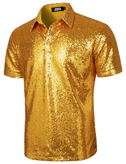 JOGAL Herren 70er Pailletten Hemd Kurzarm Disco Party Oberteile Nightclub Glitzer Poloshirts Gold Mittel von JOGAL