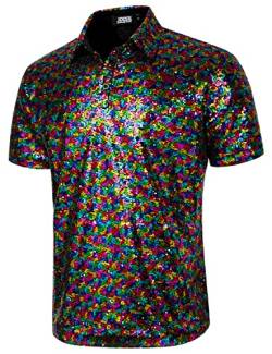 JOGAL Herren 70er Pailletten Hemd Kurzarm Disco Party Oberteile Nightclub Glitzer Poloshirts Mehrfarbig X-Large von JOGAL