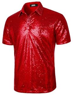 JOGAL Herren 70er Pailletten Hemd Kurzarm Disco Party Oberteile Nightclub Glitzer Poloshirts Rot Mittel von JOGAL