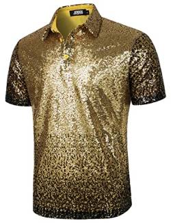 JOGAL Herren 70er Pailletten Hemd Kurzarm Disco Party Oberteile Nightclub Glitzer Poloshirts Schwarz Gold Groß von JOGAL