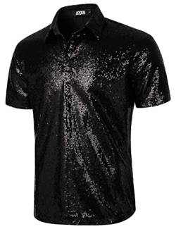 JOGAL Herren 70er Pailletten Hemd Kurzarm Disco Party Oberteile Nightclub Glitzer Poloshirts Schwarz Klein von JOGAL