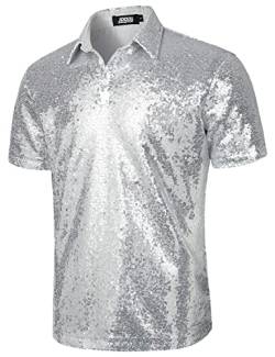 JOGAL Herren 70er Pailletten Hemd Kurzarm Disco Party Oberteile Nightclub Glitzer Poloshirts Silber Groß von JOGAL