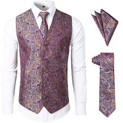 JOGAL Herren Anzugweste Paisley Krawatte Einstecktuch Taschentuch Jacquard Weste Anzug Set Männer Smoking Herrenwesten Large RosaLila von JOGAL