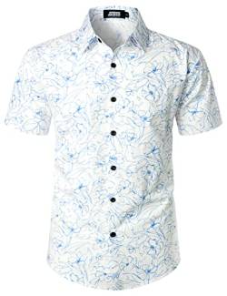 JOGAL Herren Blumen Hawaii Hemd Kurzarm Freizeit Baumwolle Sommer Strand Hemd Weiß Blau X-Large von JOGAL