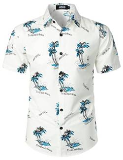 JOGAL Herren Blumen Hawaii Hemd Kurzarm Freizeit Baumwolle Sommer Strand Hemd X-Large Weiß Baum von JOGAL