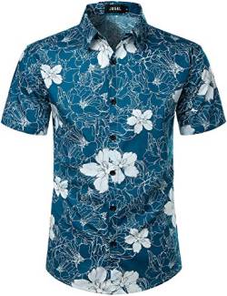 JOGAL Herren Blumen Kurzarm Baumwolle Hawaii Hemd 3X-Large Blau Weiß von JOGAL