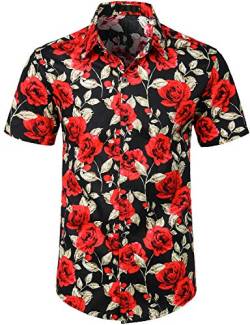 JOGAL Herren Blumen Kurzarm Baumwolle Hawaii Hemd Medium SchwarzRose von JOGAL