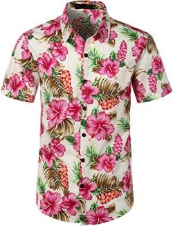 JOGAL Herren Blumen Kurzarm Baumwolle Hawaii Hemd Medium WeißHibiskus von JOGAL