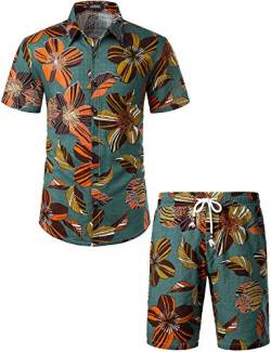 JOGAL Herren Blumen Kurzarm Baumwolle Hawaii Hemd Shorts Set Large GrünVintage von JOGAL