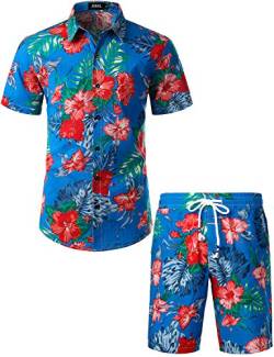 JOGAL Herren Blumen Kurzarm Baumwolle Hawaii Hemd Shorts Set Small SeeBlau von JOGAL