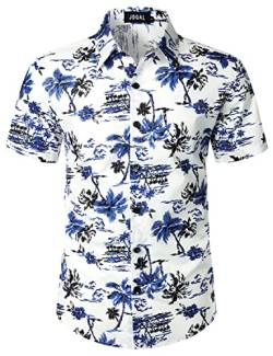 JOGAL Herren Blumen Kurzarm Baumwolle Hawaii Hemd Weiß Blau Groß von JOGAL