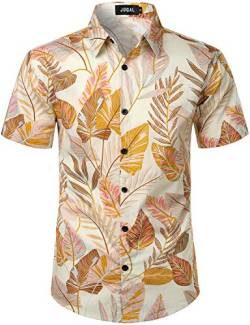 JOGAL Herren Blumen Kurzarm Baumwolle Hawaii Hemd X-Large Beige Gelb von JOGAL