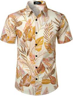 JOGAL Herren Blumen Kurzarm Baumwolle Hawaii Hemd XX-Large Beige Gelb von JOGAL