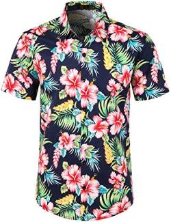 JOGAL Herren Blumen Kurzarm Baumwolle Hawaii Hemd XX-Large NavyHibiskus von JOGAL