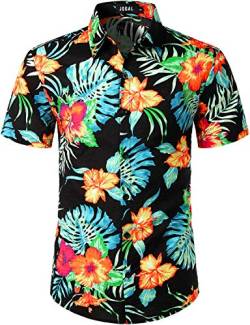 JOGAL Herren Casual Floral Blumenmuster Kurzarm Hawaiihemd Medium Schwarz von JOGAL