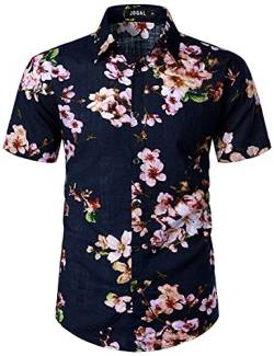JOGAL Herren Casual Floral Blumenmuster Kurzarm Hawaiihemd Sommer Strandhemd Marine Pfirsich X-Large von JOGAL