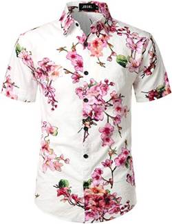 JOGAL Herren Casual Floral Blumenmuster Kurzarm Hawaiihemd XX-Large Weiß Rosa von JOGAL
