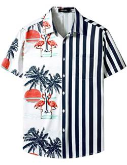 JOGAL Herren Funky Flamingo Hawaiihemd Kurzarm Freizeithemd Blumenmuster Sommerhemd Marine Weiß X-Large von JOGAL