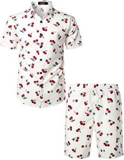 JOGAL Herren Funky Fruit Kurzarm Baumwolle Hawaii Hemd Short Set 3X-Large Weiß Rot von JOGAL
