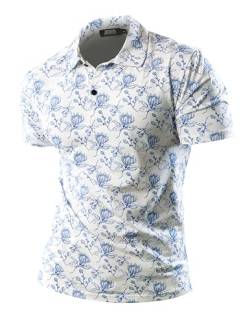 JOGAL Herren Golf Poloshirts Kurzarm Floral Sommer Freizeithemd Regular Fit Sport Outdoor Polo Tshirt Weiß Blau Groß von JOGAL