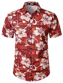 JOGAL Herren Hawaii Hemd Männer Baumwolle Kurzarm Vintage Regular Fit Sommerhemd Bordeauxrot Klein von JOGAL