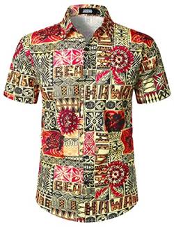 JOGAL Herren Hawaii Hemd Männer Baumwolle Kurzarm Vintage Regular Fit Sommerhemd Gelb X-Large von JOGAL