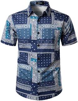 JOGAL Herren Hawaii Hemd Männer Baumwolle Kurzarm Vintage Regular Fit Sommerhemd Large Blau von JOGAL